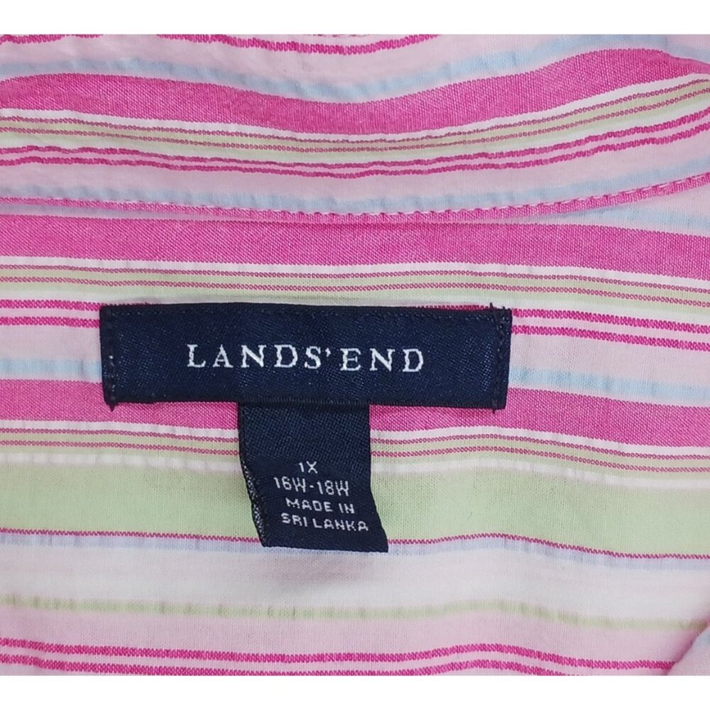 Lands End Seersucker Pastel Stripe Button Up Collared Shirt Womens 1X 16W-18W - Picture 8 of 11